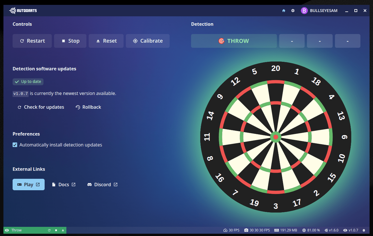 Autodarts Desktop default view with Controls, Detection software updates, Preferences, External Links, and a live board detection view