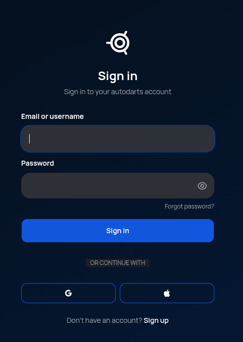Sign in form opened in the browser from Autodarts Desktop, with email/username and password fields