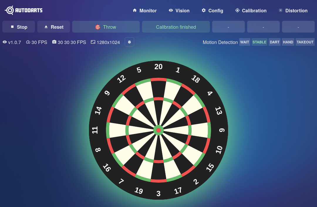 Board Manager web interface, Monitor tab, showing Stop/Reset/Throw controls and a live board view with Motion Detection status