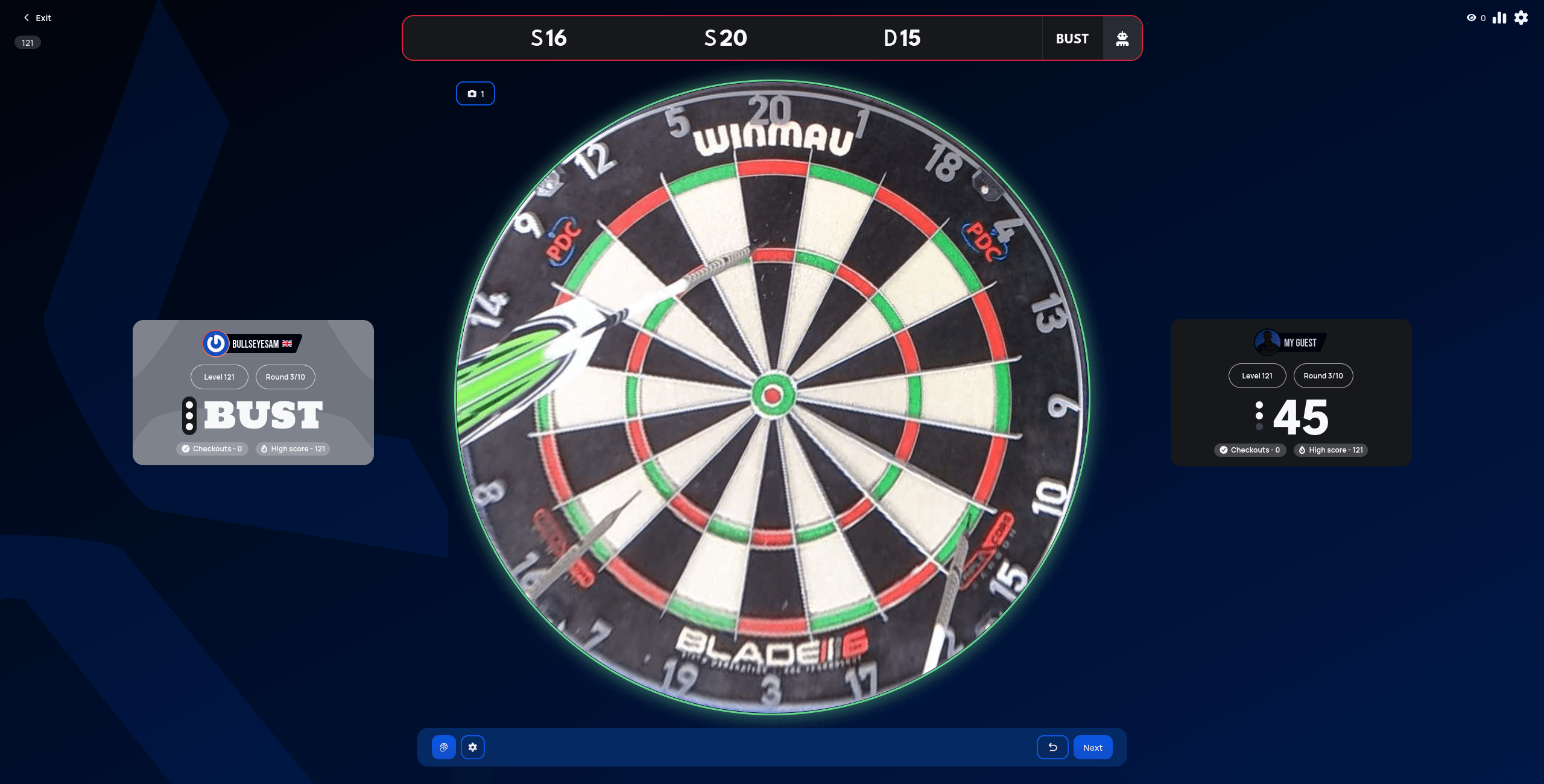 121 bust, the score bar outlined in red reading BUST and the player's card showing BUST in place of their remaining total
