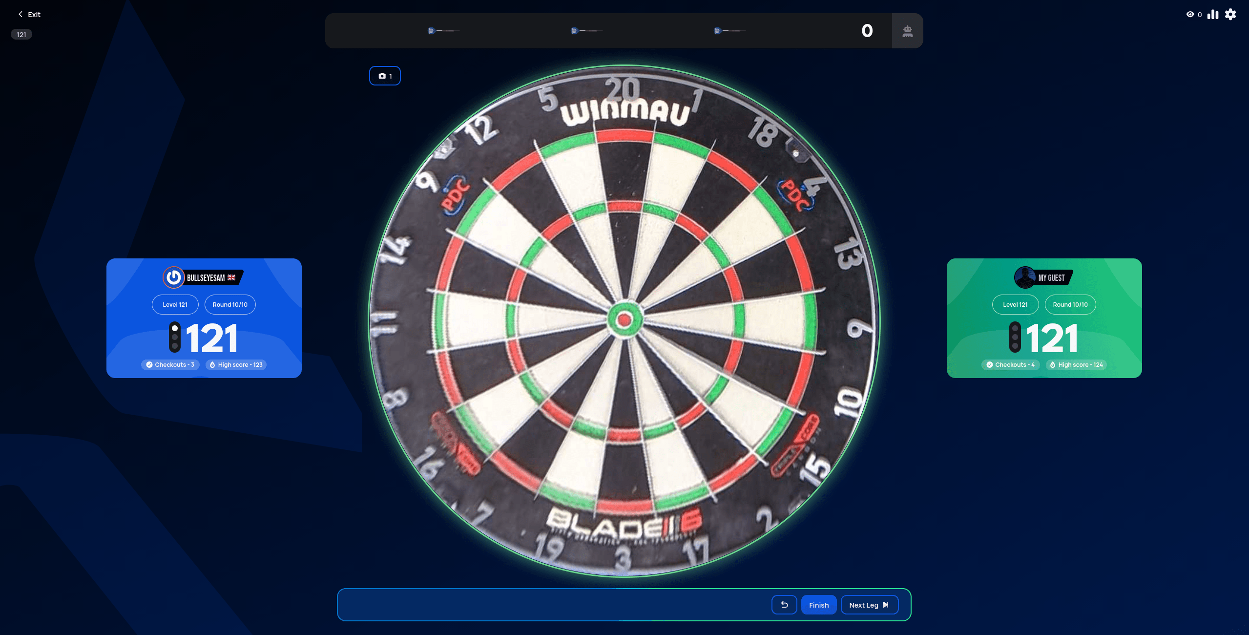 121 end-of-game screen after the tenth and final round, both player cards on Level 121, with Finish and Next Leg buttons at the bottom