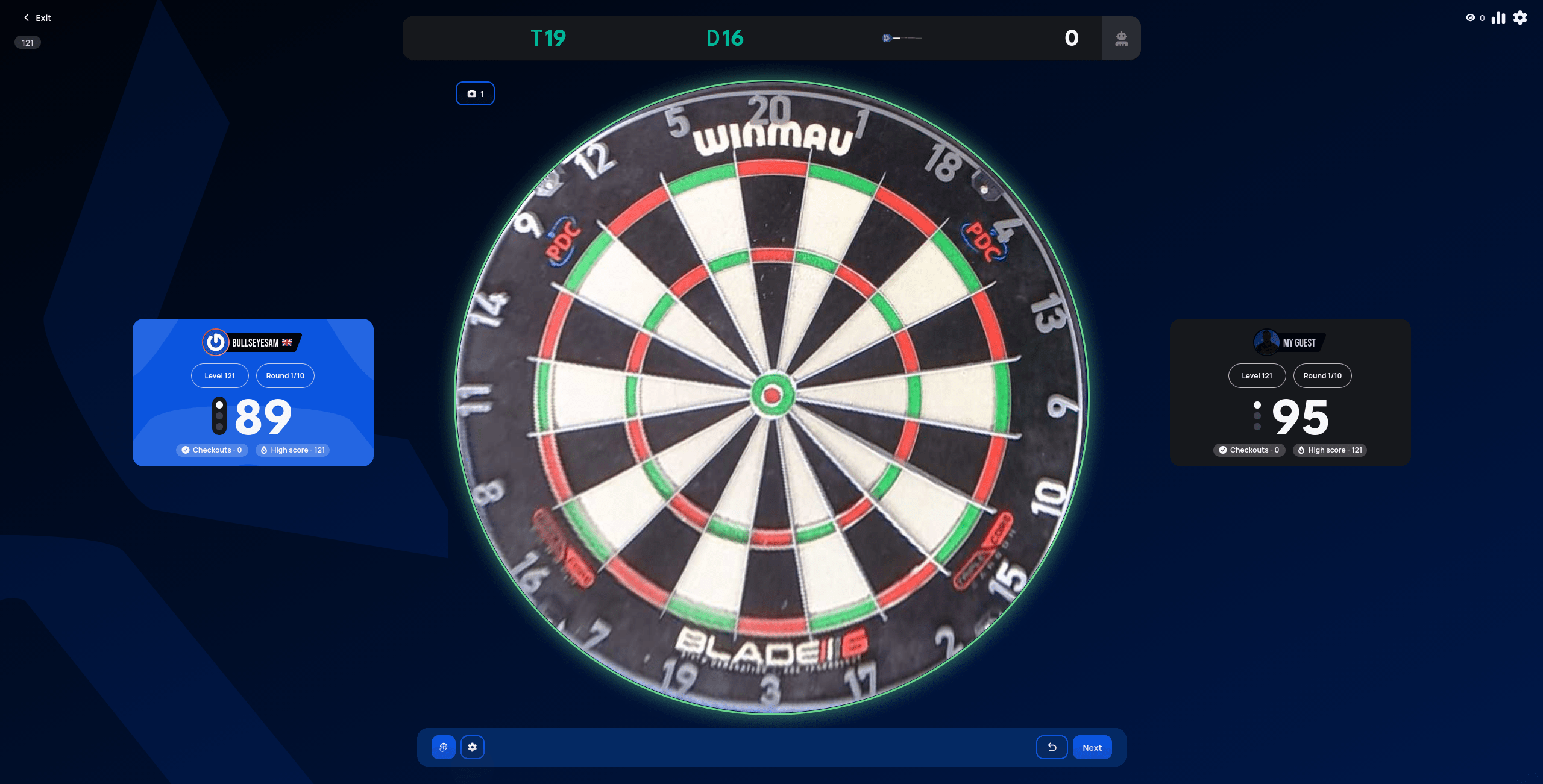 121 with the score bar suggesting T19 and D16 as a route to check out the 89 remaining