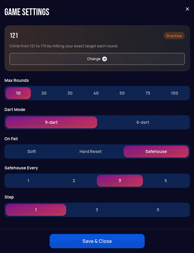 121 game settings panel with On Fail set to Safehouse, revealing an extra Safehouse Every row with options 1, 2, 3, and 5