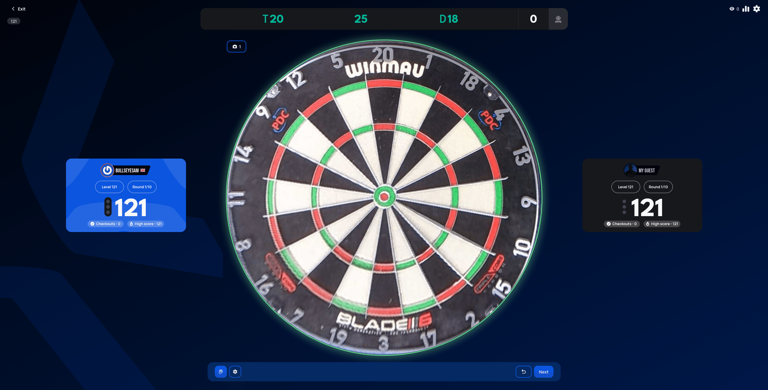 121 match start against a local guest, both players on Level 121, Round 1 of 10, with an empty three-dot turn counter