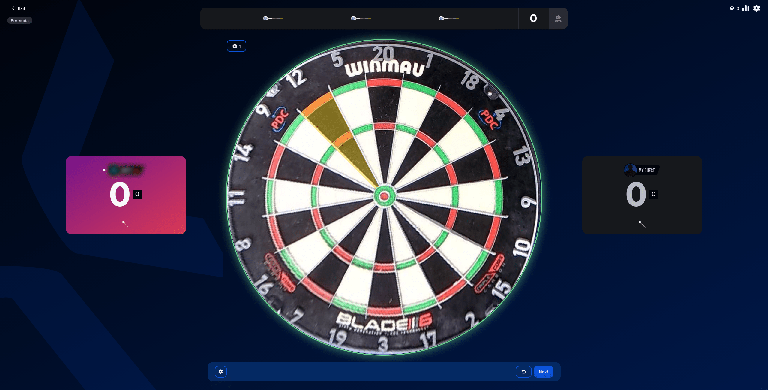 Bermuda match start against a local guest, both players at 0, the first round's target segment highlighted