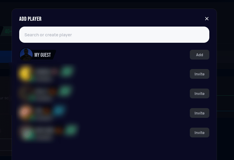 Add Player modal for Bob's 27 with the Add button and every Invite button grayed out and disabled