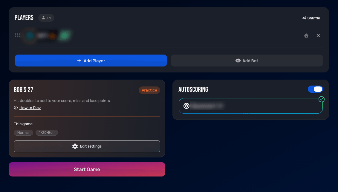 Bob's 27 lobby showing a 1/1 player cap in the Players panel, Add Player enabled but Add Bot grayed out and disabled