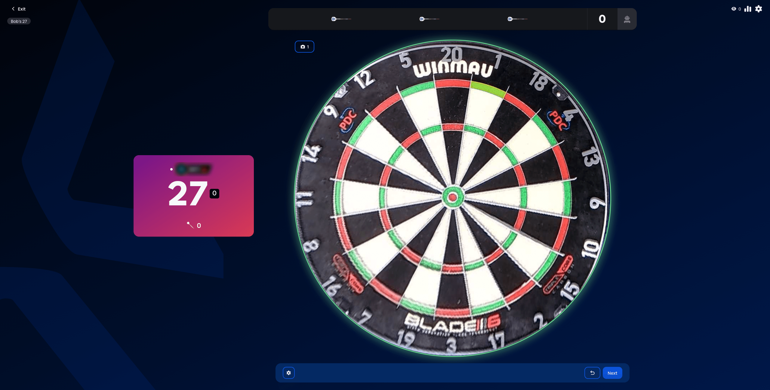 Bob's 27 match start, single player at 27 points with no opponent card