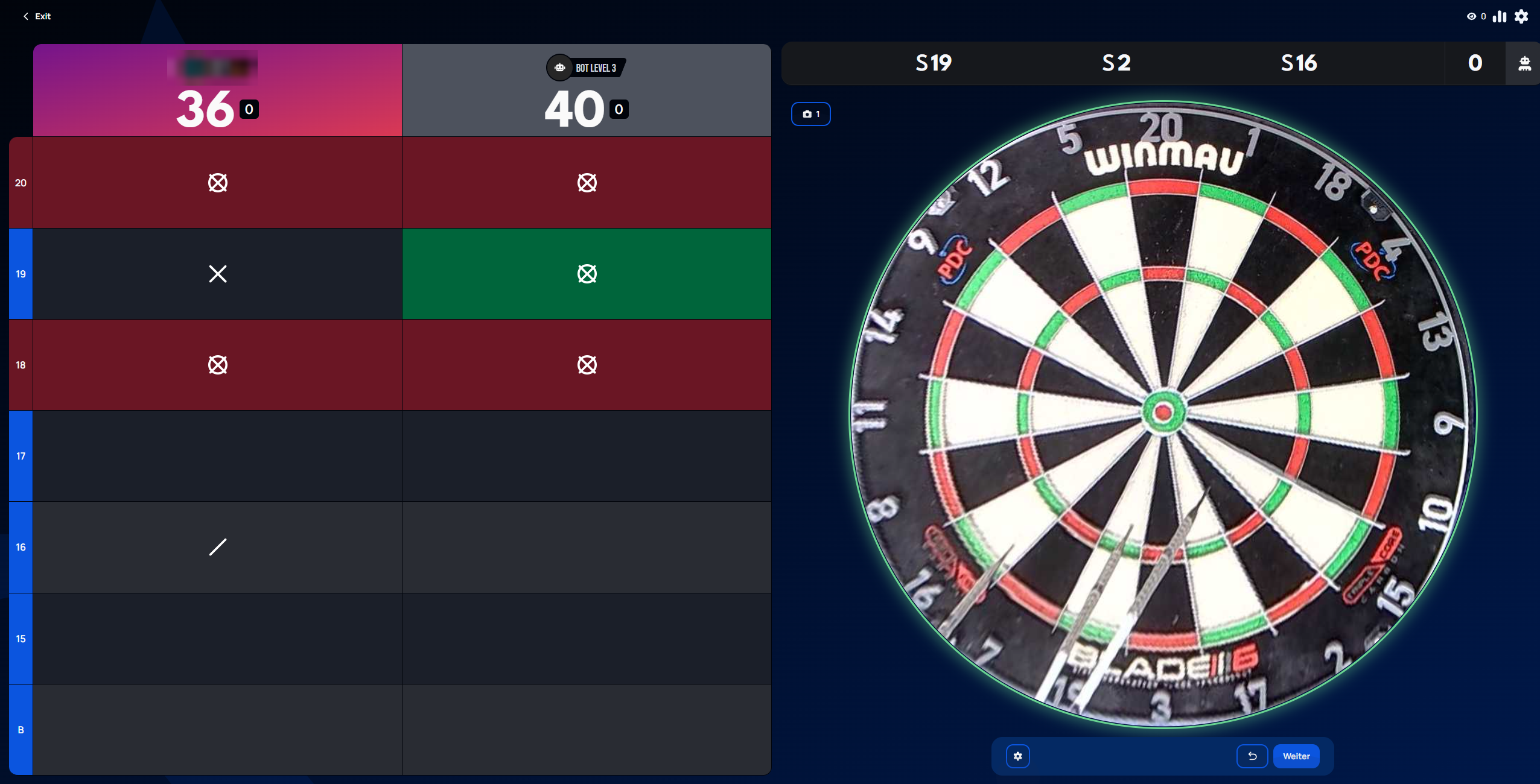 Cricket/Tactics leg in progress, showing closed numbers marked in red and green for each player