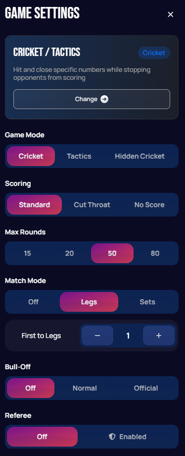 Cricket/Tactics game settings panel