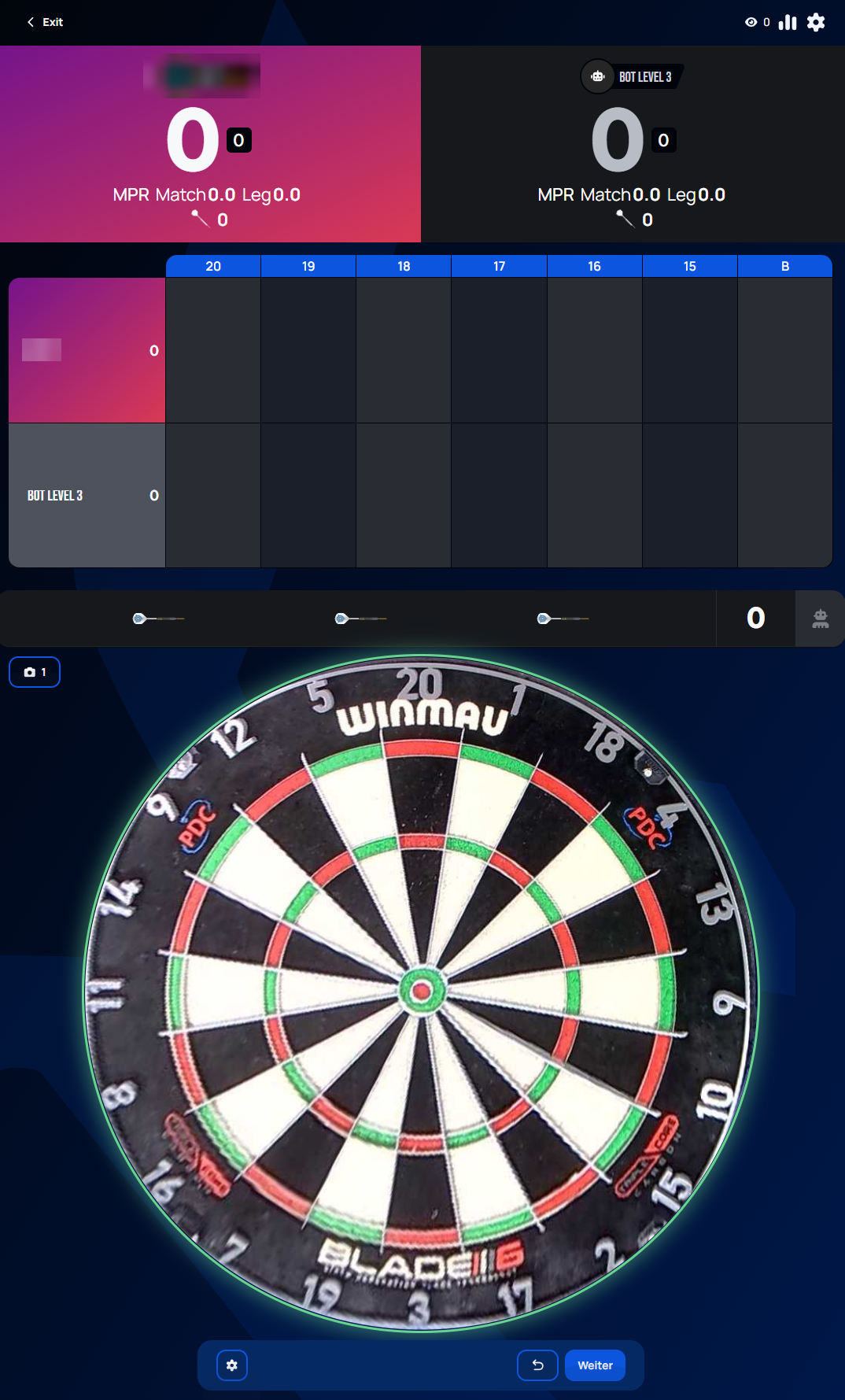 Cricket/Tactics match start, portrait layout: players as rows, target numbers as columns