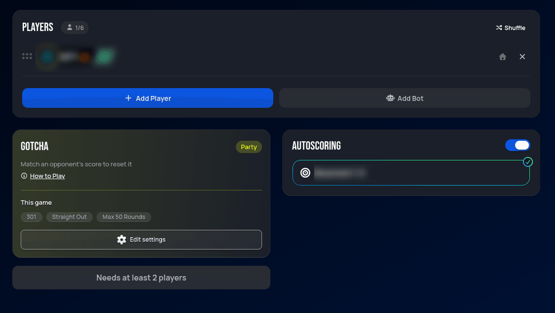 Gotcha lobby with only one player, the Start Game button replaced by a disabled 'Needs at least 2 players' message