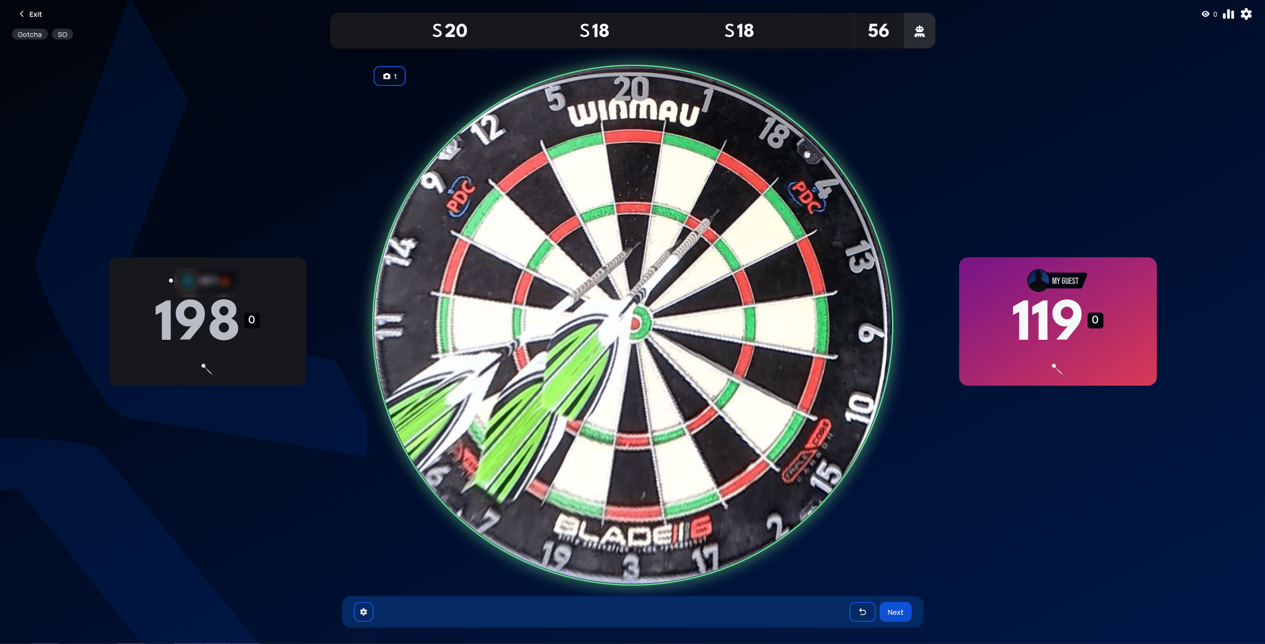 Gotcha match in progress, one player at 198 and the other at 119
