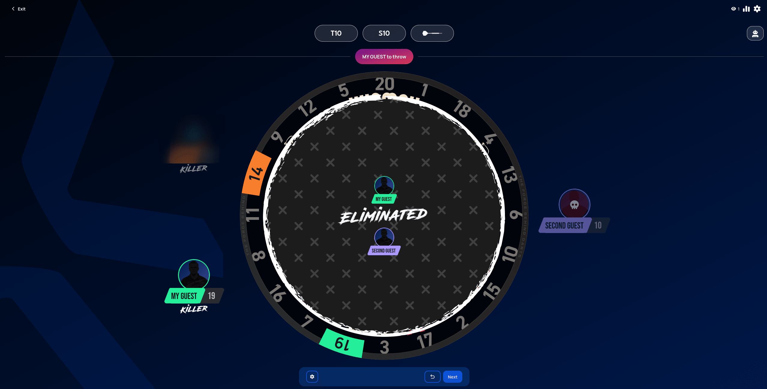 Full-screen ELIMINATED overlay after Second Guest loses all their lives; their avatar switches to a skull icon afterward