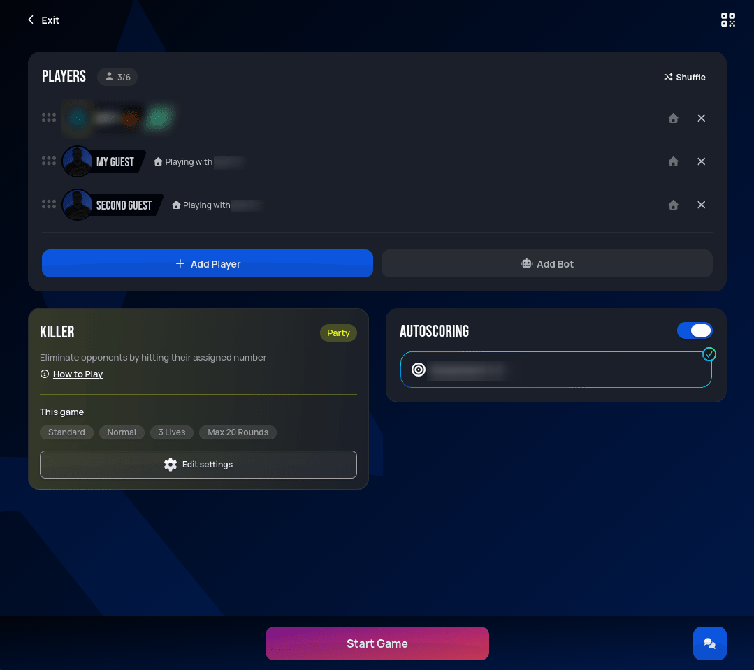 Killer lobby with three players, Add Player enabled and Add Bot disabled, Autoscoring on