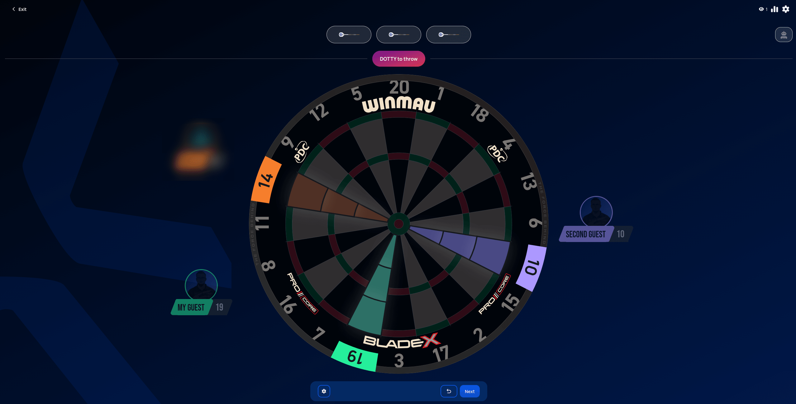 Killer board with three claimed numbers highlighted in each player's color (14 orange, 19 green, 10 purple)