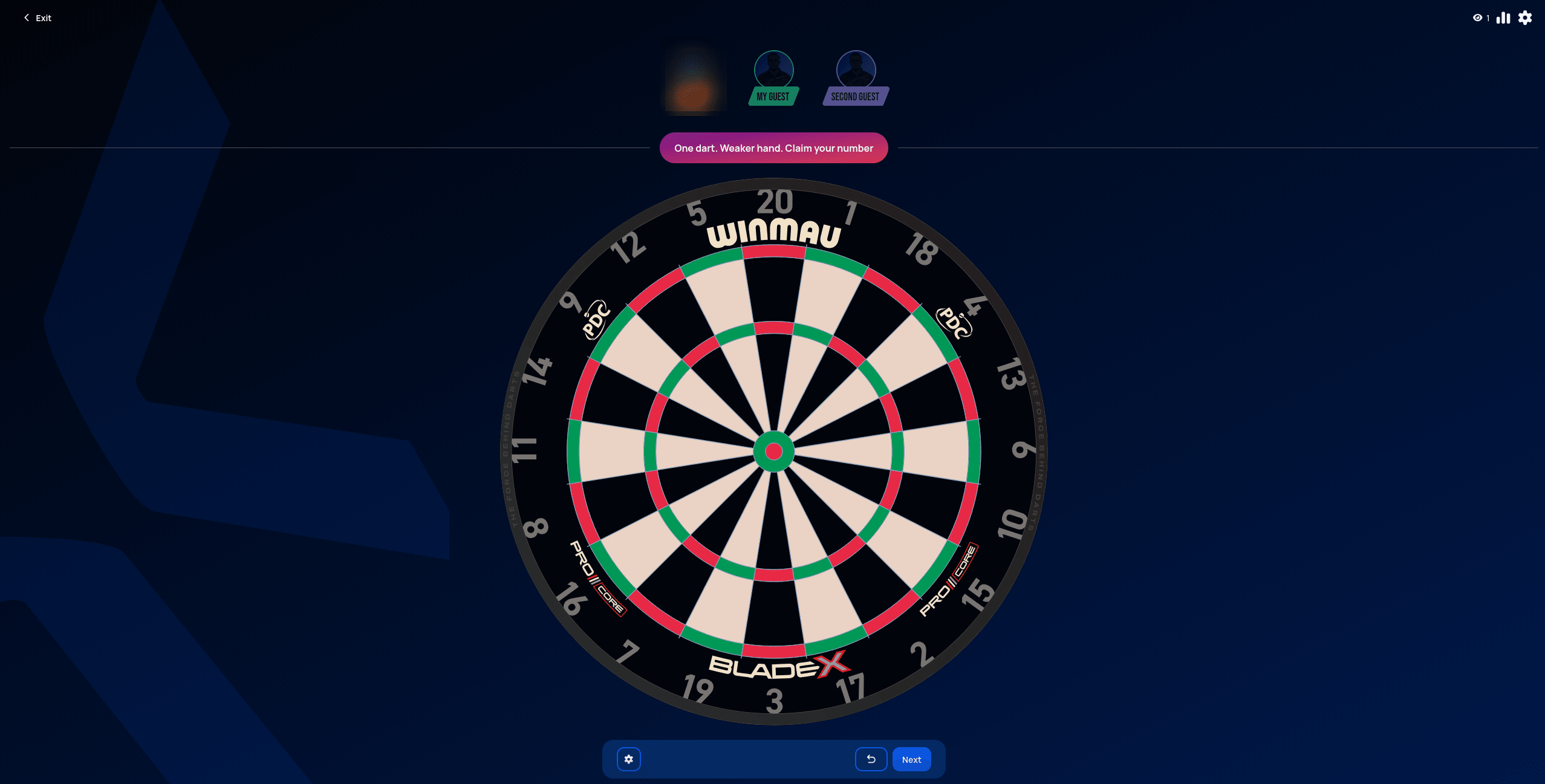 Killer match start, plain dartboard, banner reading One dart. Weaker hand. Claim your number