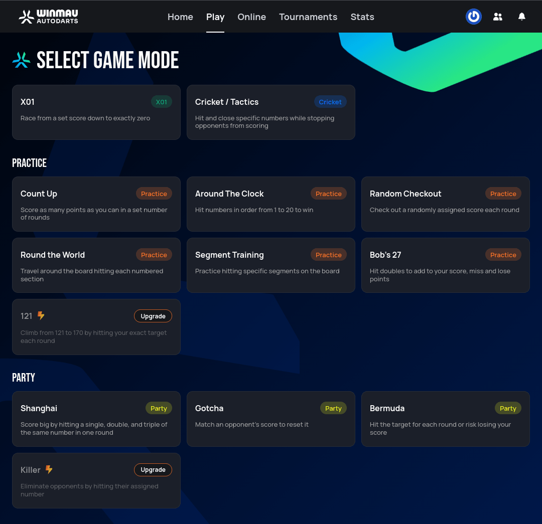 Full Select Game Mode list, showing X01, Cricket/Tactics, the Practice section, and the Party section