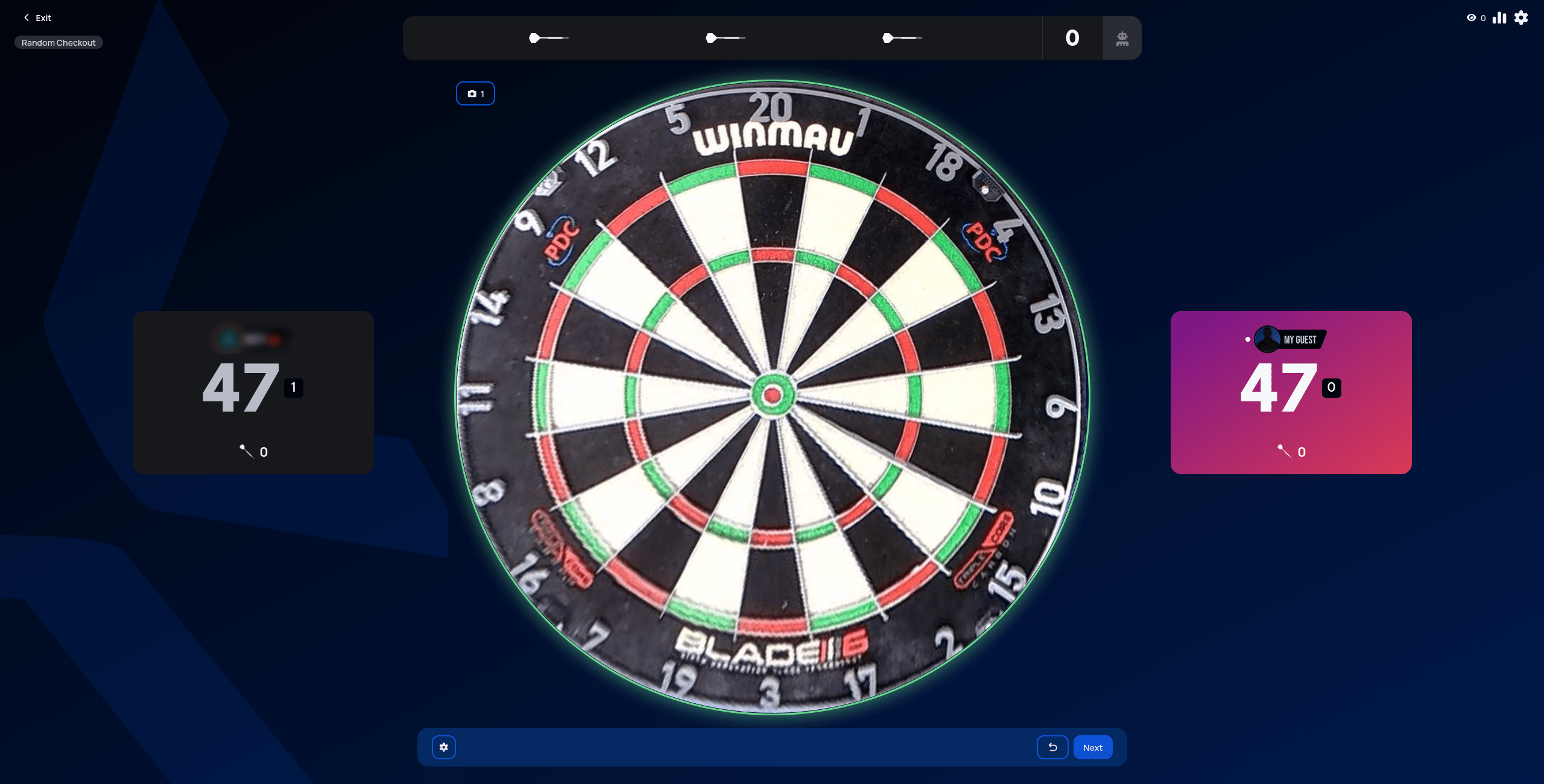 Random Checkout, a new leg starting with both players freshly assigned a checkout target of 47, one leg already won on the left