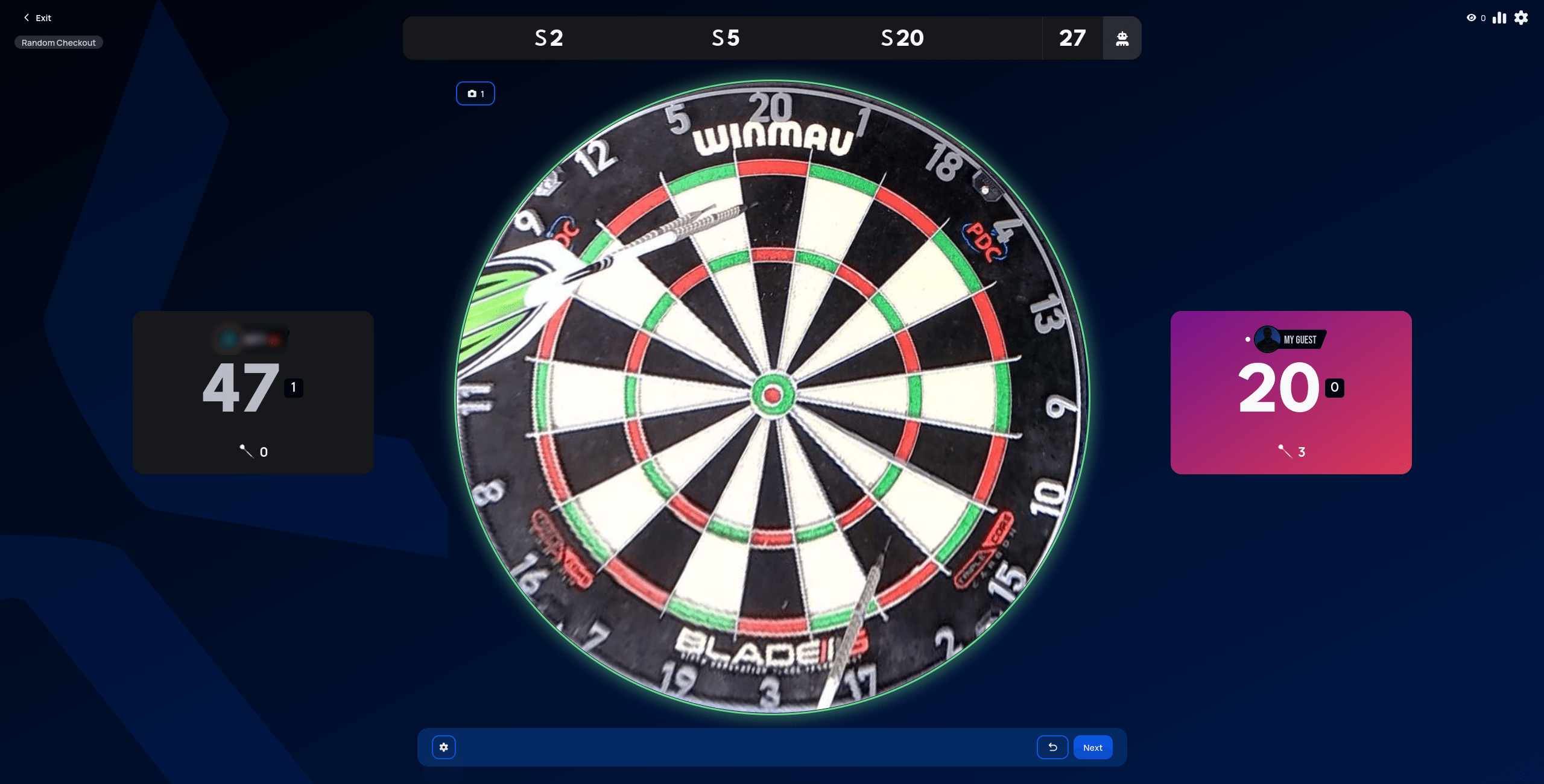 Random Checkout mid-leg, one player's remaining checkout total reduced from 47 to 20 after a 27-point round