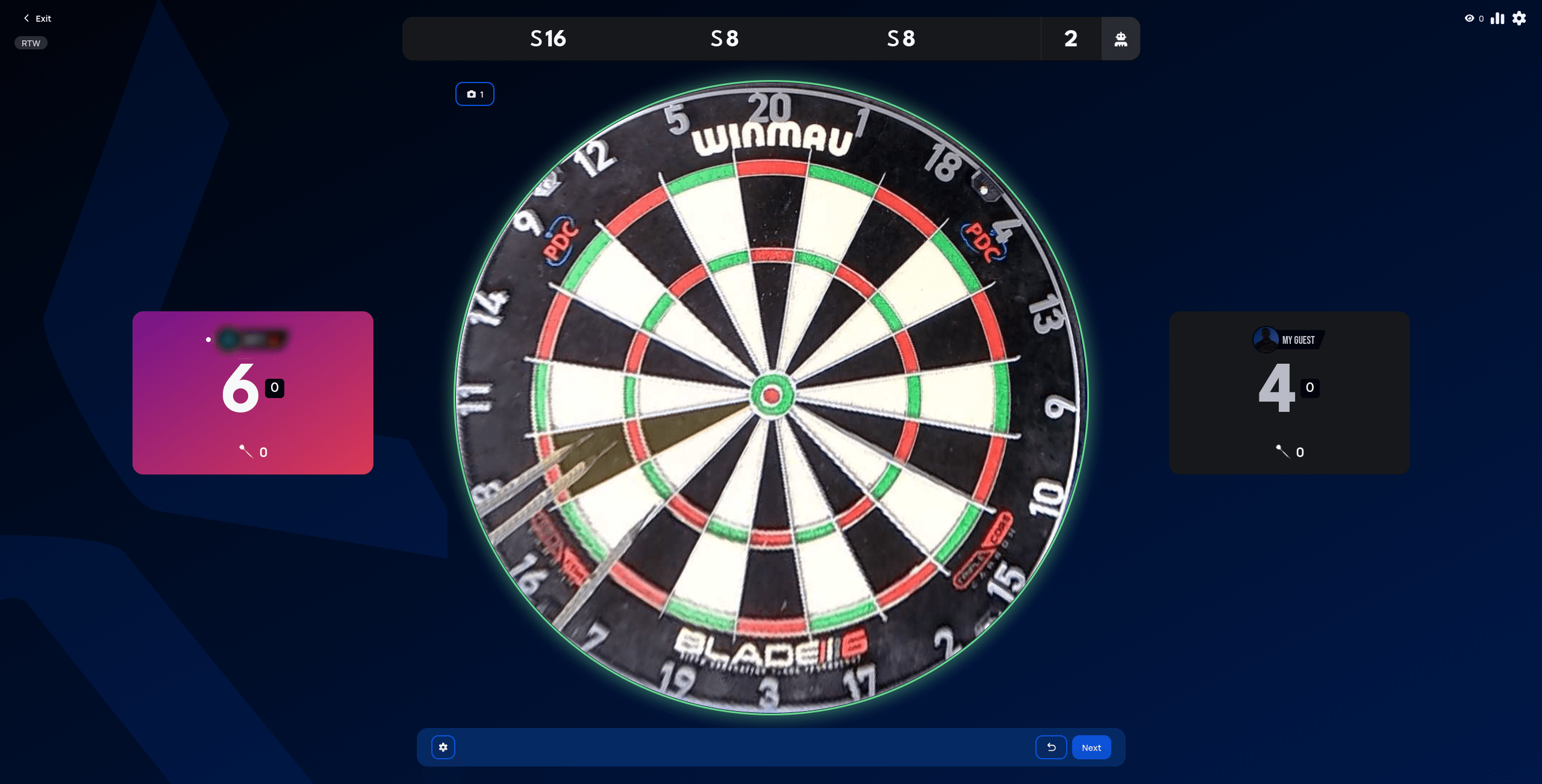 Round the World match in progress, each player's card showing their running point total