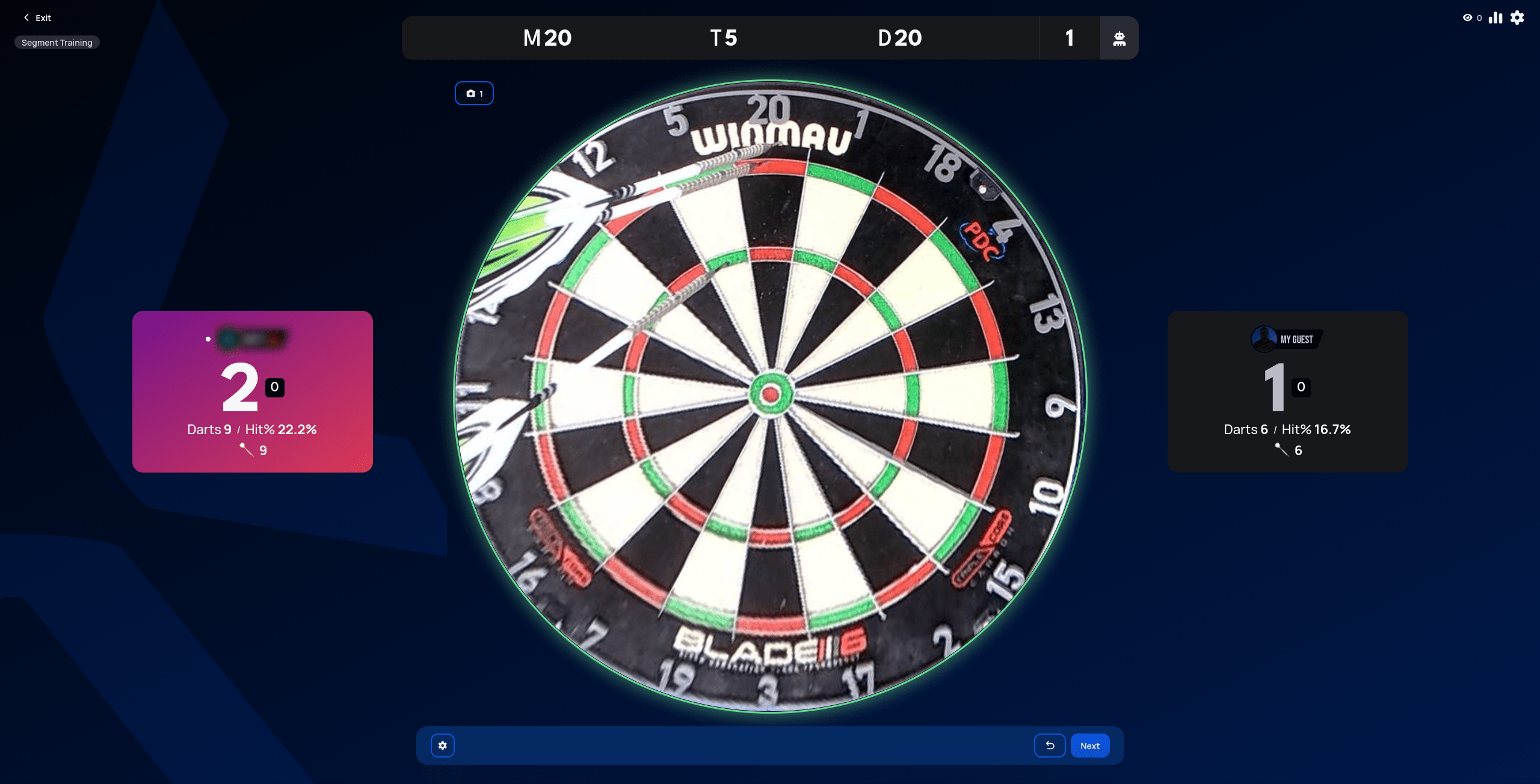 Segment Training match in progress, each player's card showing darts thrown and hit percentage