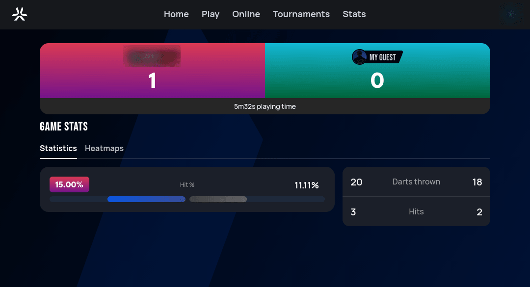 Segment Training post-match Game Stats panel showing overall Hit % and a Darts Thrown / Hits table