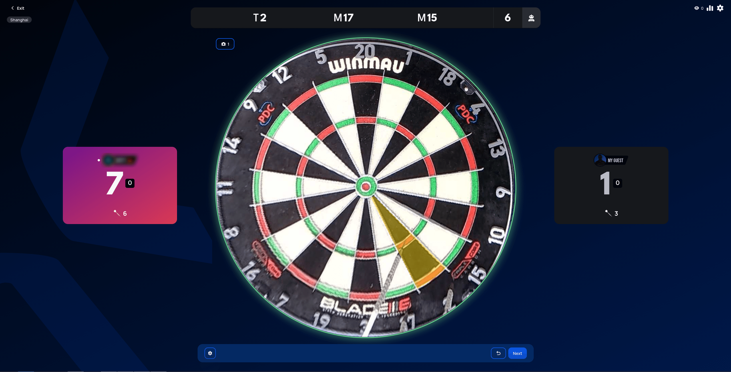 Shanghai match in progress against a local guest, each player's card showing their running total