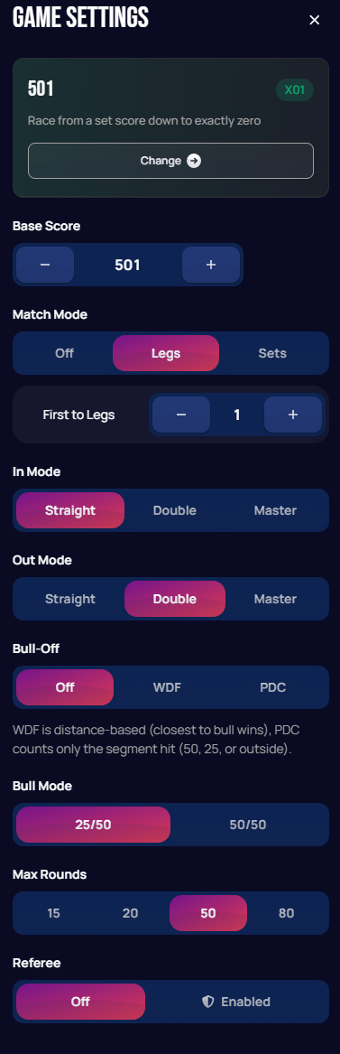 X01 game settings panel, showing all options from Base Score through Referee