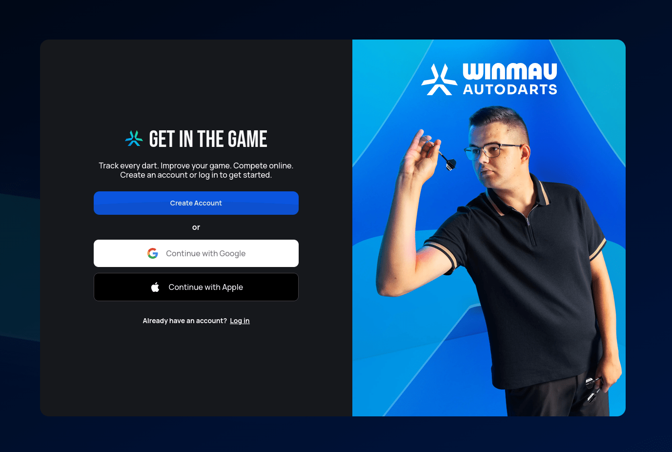 Autodarts landing page with Create Account, Continue with Google, Continue with Apple, and a Log in link