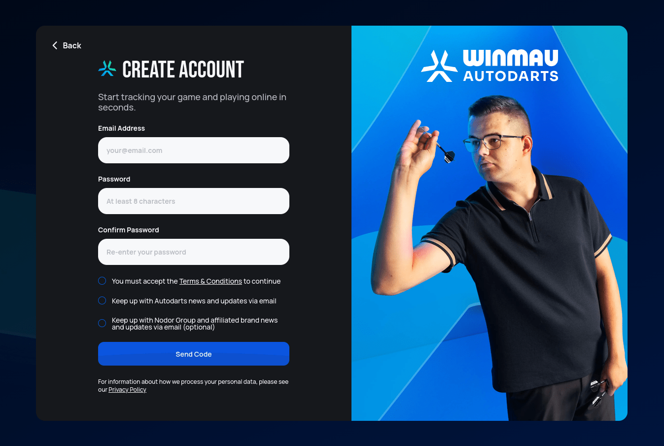 Create Account form with email address, password, and confirm password fields, plus Terms & Conditions and email opt-in checkboxes