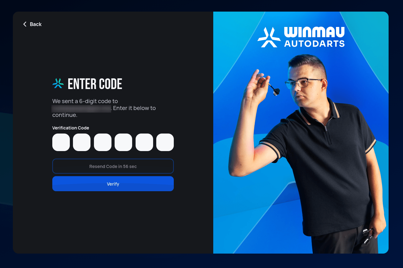 Enter Code screen asking for the 6-digit verification code sent by email, with a Resend Code option