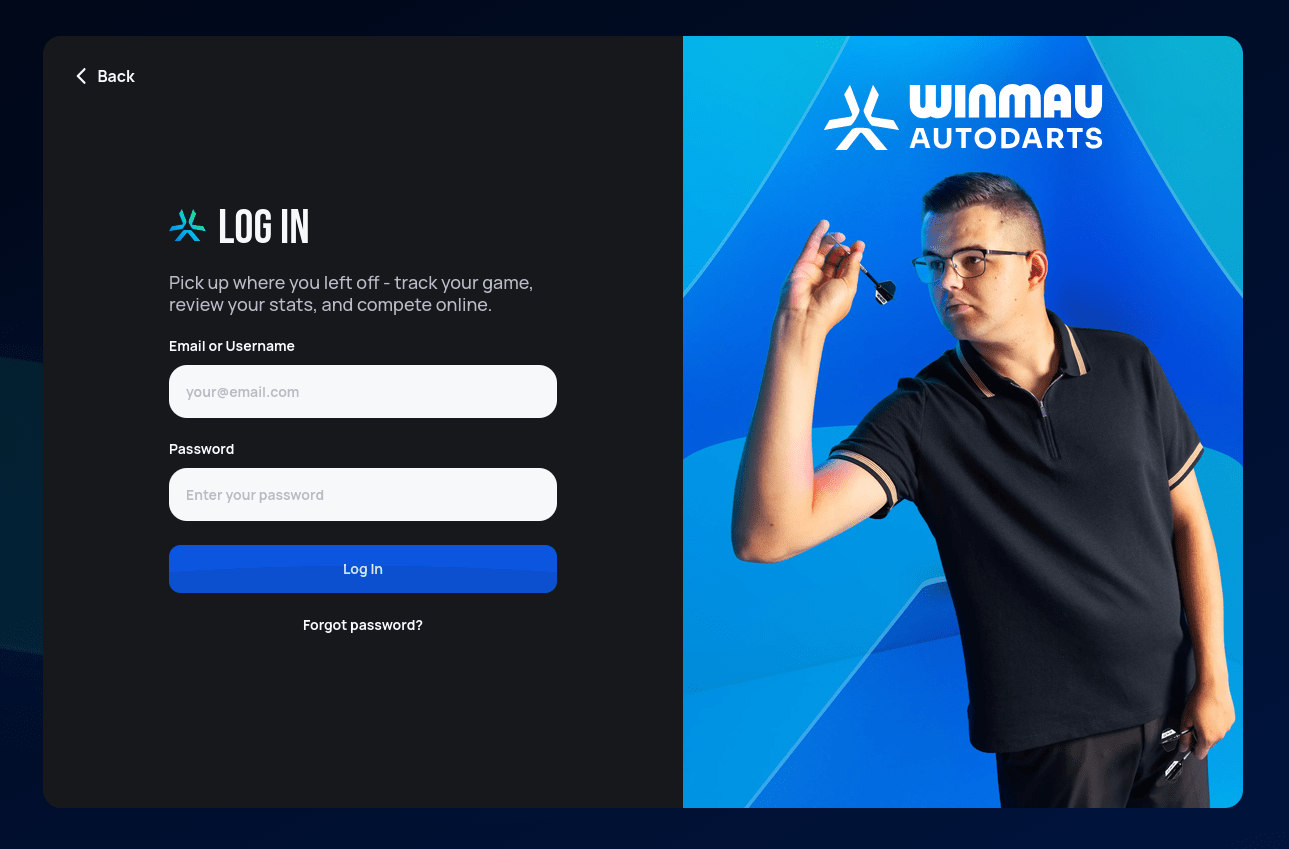Log in form with email or username and password fields, and a Forgot password link