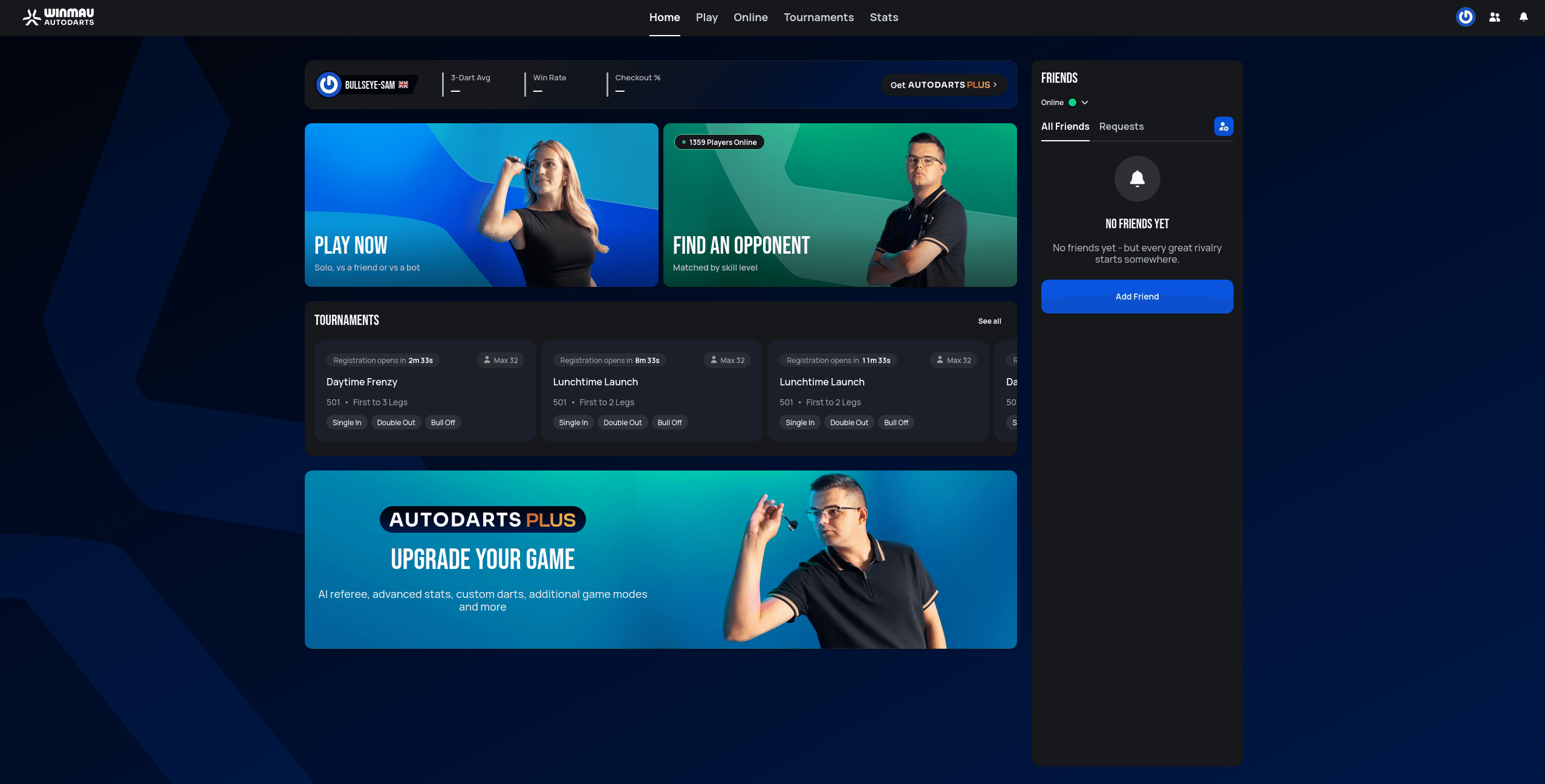 Autodarts Play home dashboard for a brand new account, with an empty stats summary, Play Now and Find an Opponent tiles, open tournaments, and no friends yet