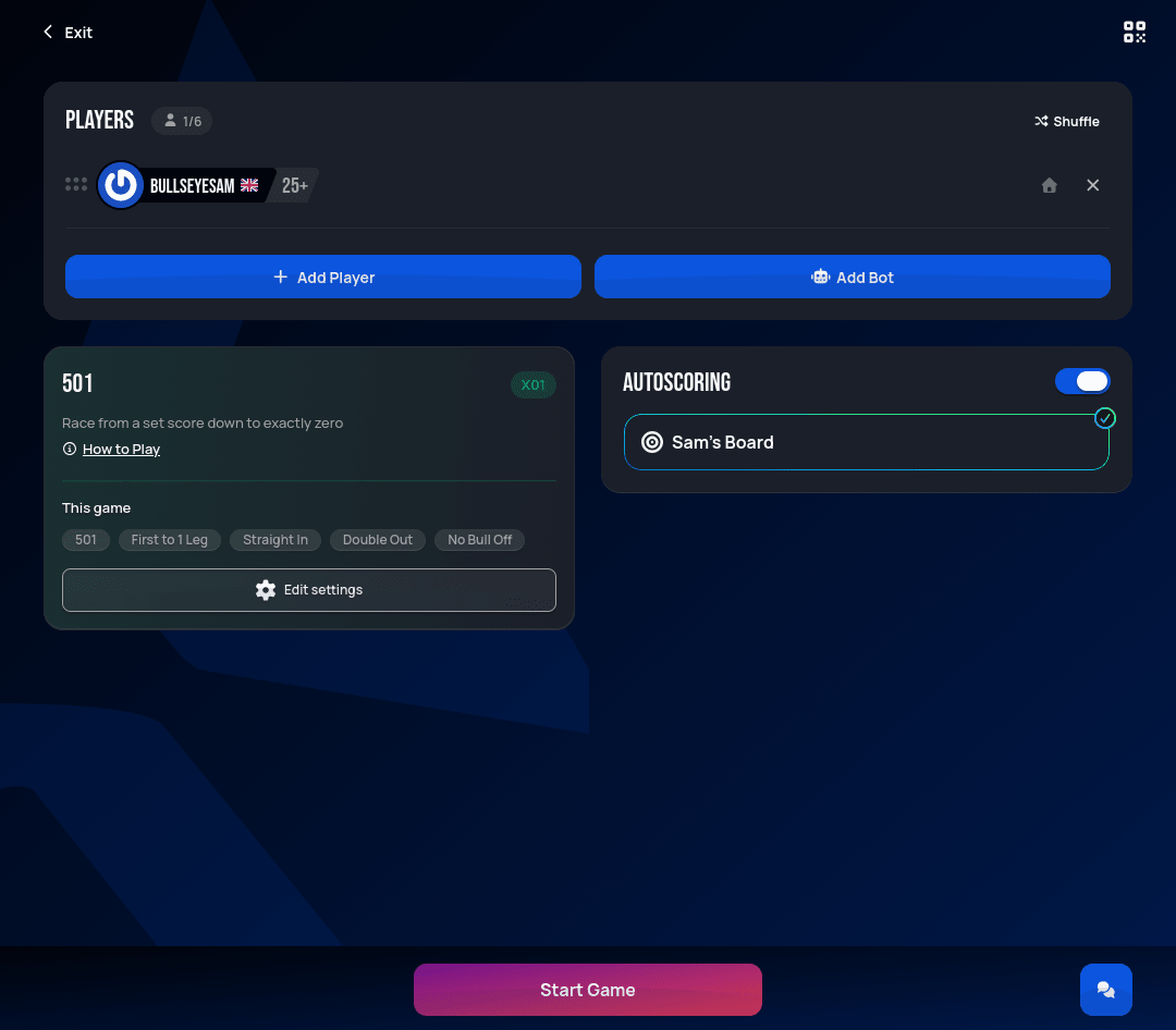 Create Lobby screen with one player, a 501 X01 game summary, and an Autoscoring toggle turned on with one online board selected