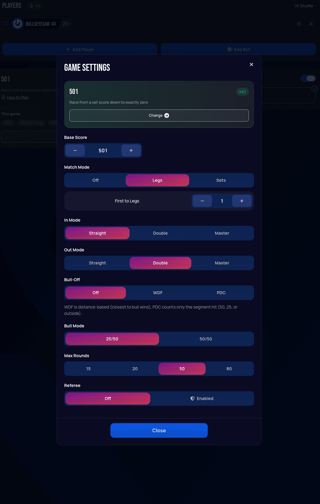 Game Settings modal showing base score, match mode, in mode, out mode, bull-off, bull mode, and max rounds options
