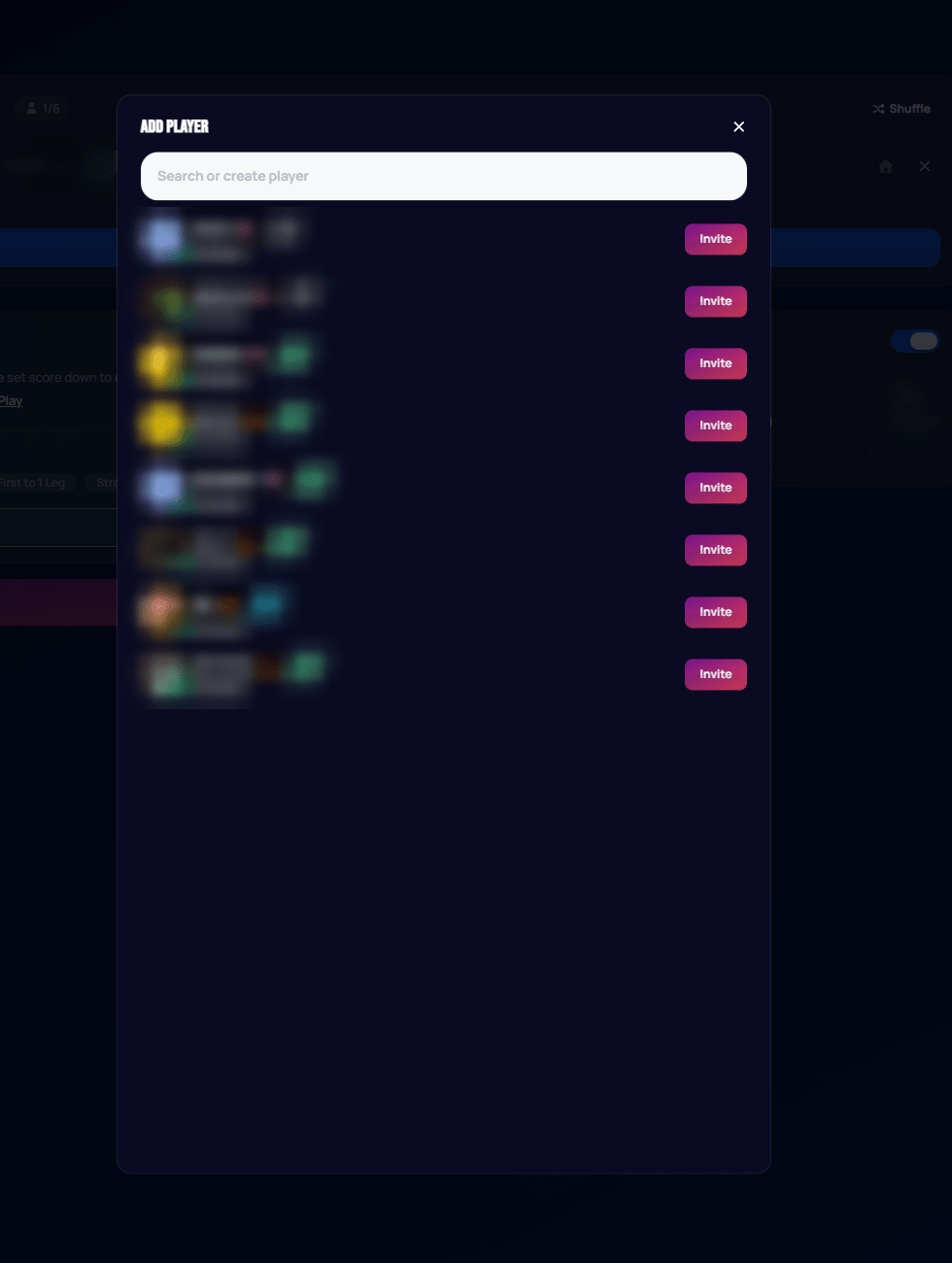 Add Player modal with a list of friends and Invite buttons