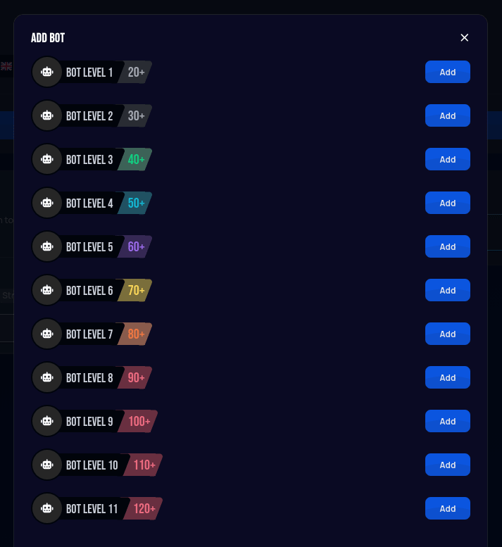 Add Bot modal listing Bot Level 1 through Bot Level 11, each with an approximate skill rating and an Add button