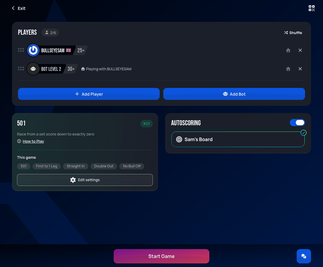 Lobby with two players — the user and a bot — plus a Start Game button