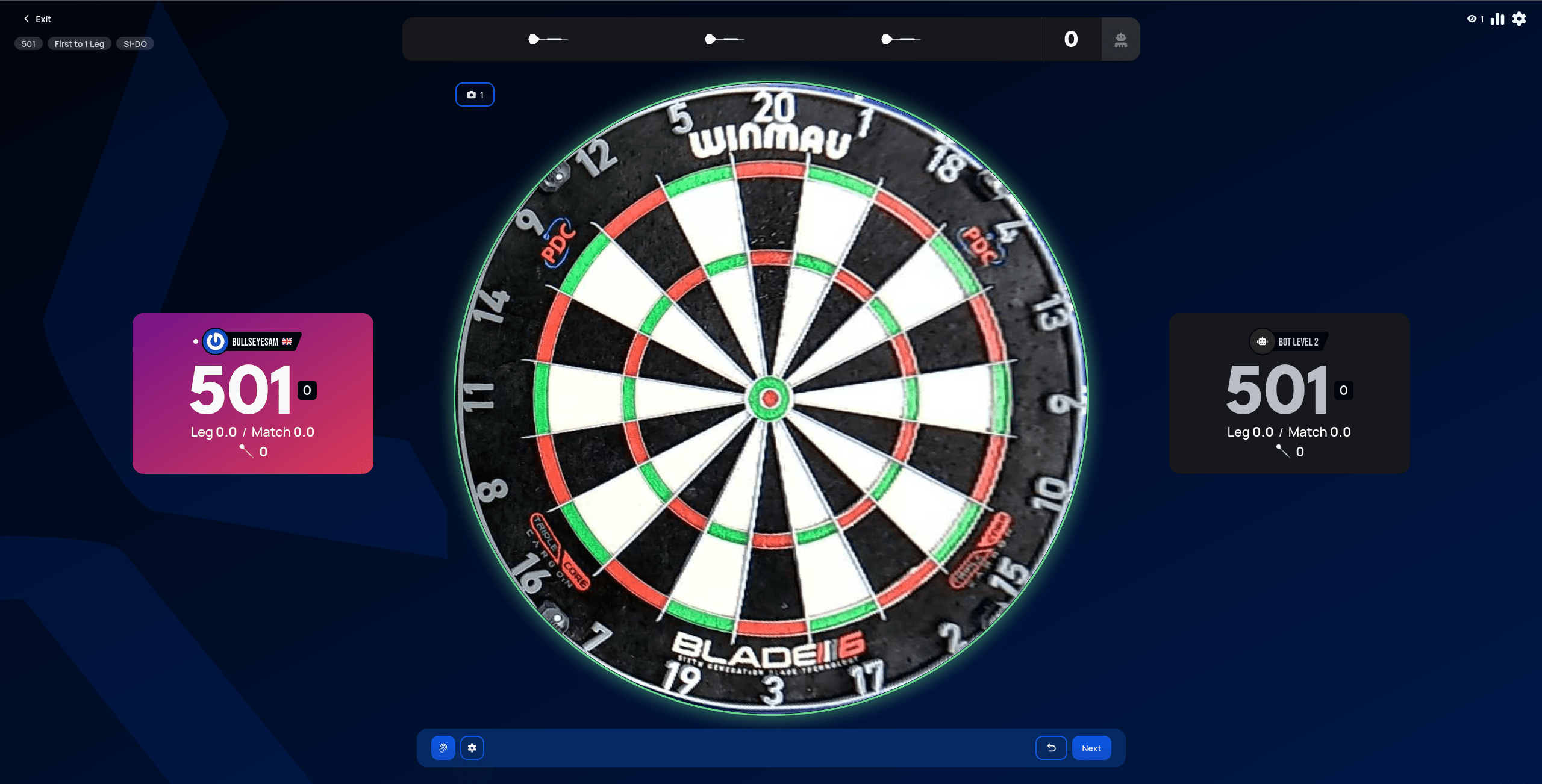 Live match view at the start of a 501 game, both players showing a score of 501, with a camera feed of the dartboard