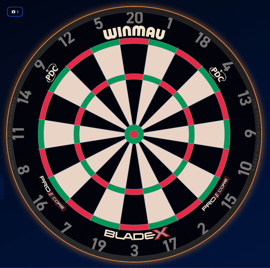 Generic dartboard illustration with an orange-red glow ring around it, shown in place of the camera feed while the board is offline