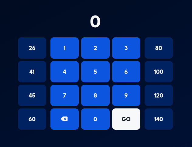Total score manual entry keypad with number buttons, common scores like 26, 41, 45, 60, 80, 100, 120, and 140, and a GO button