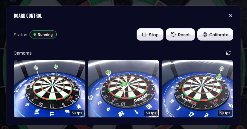 Board Control panel showing status Running, Stop, Reset, and Calibrate buttons, and three camera thumbnails