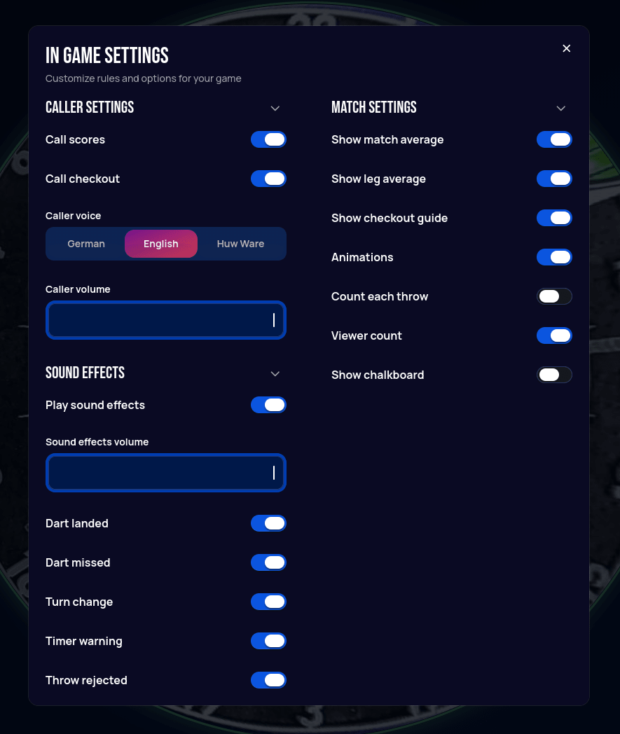In Game Settings modal with Caller Settings, Sound Effects, and Match Settings sections, including Show checkout guide and Show chalkboard toggles