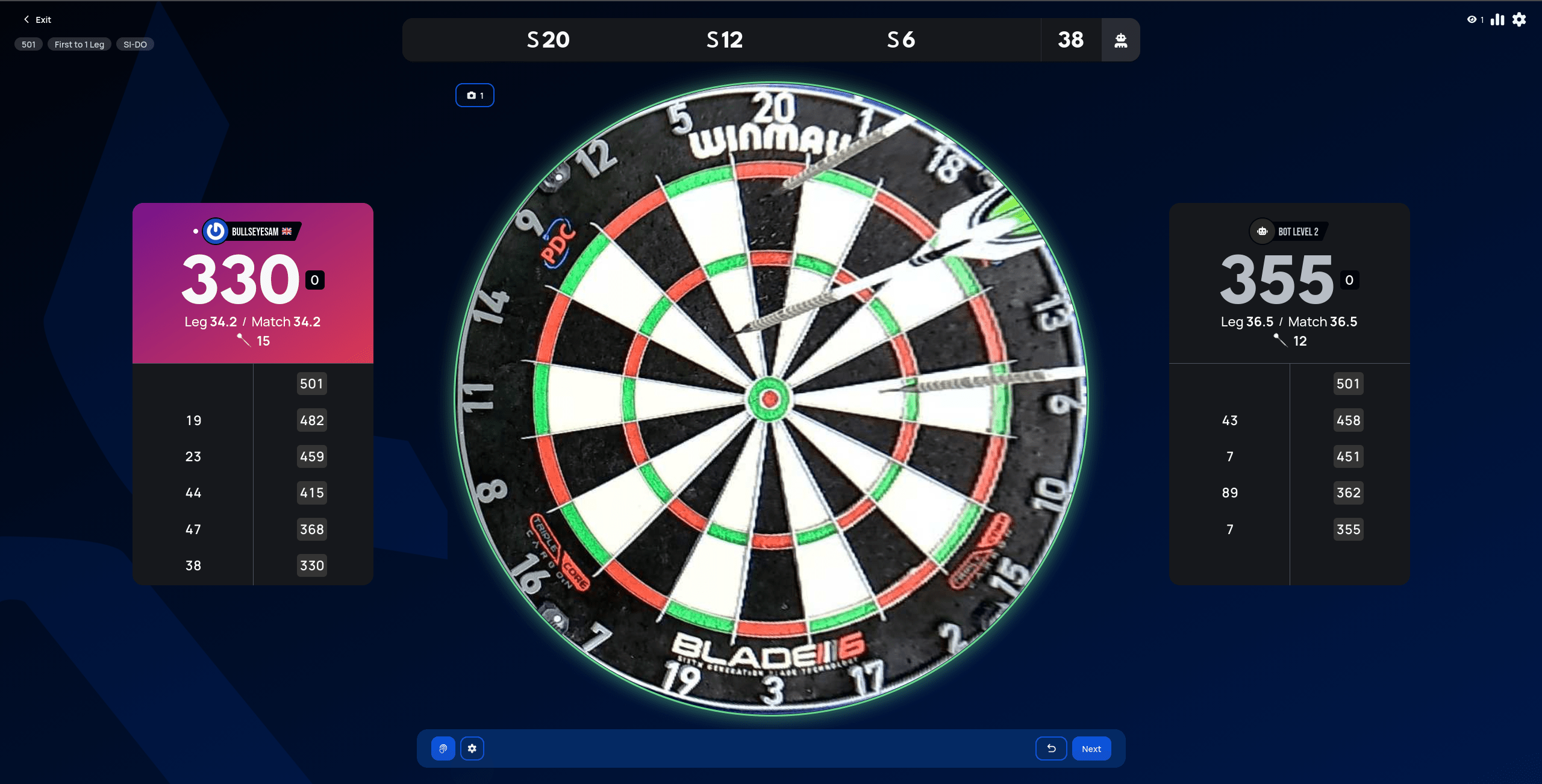 Live match view with Show chalkboard enabled, listing each turn's score and running total under both players' cards