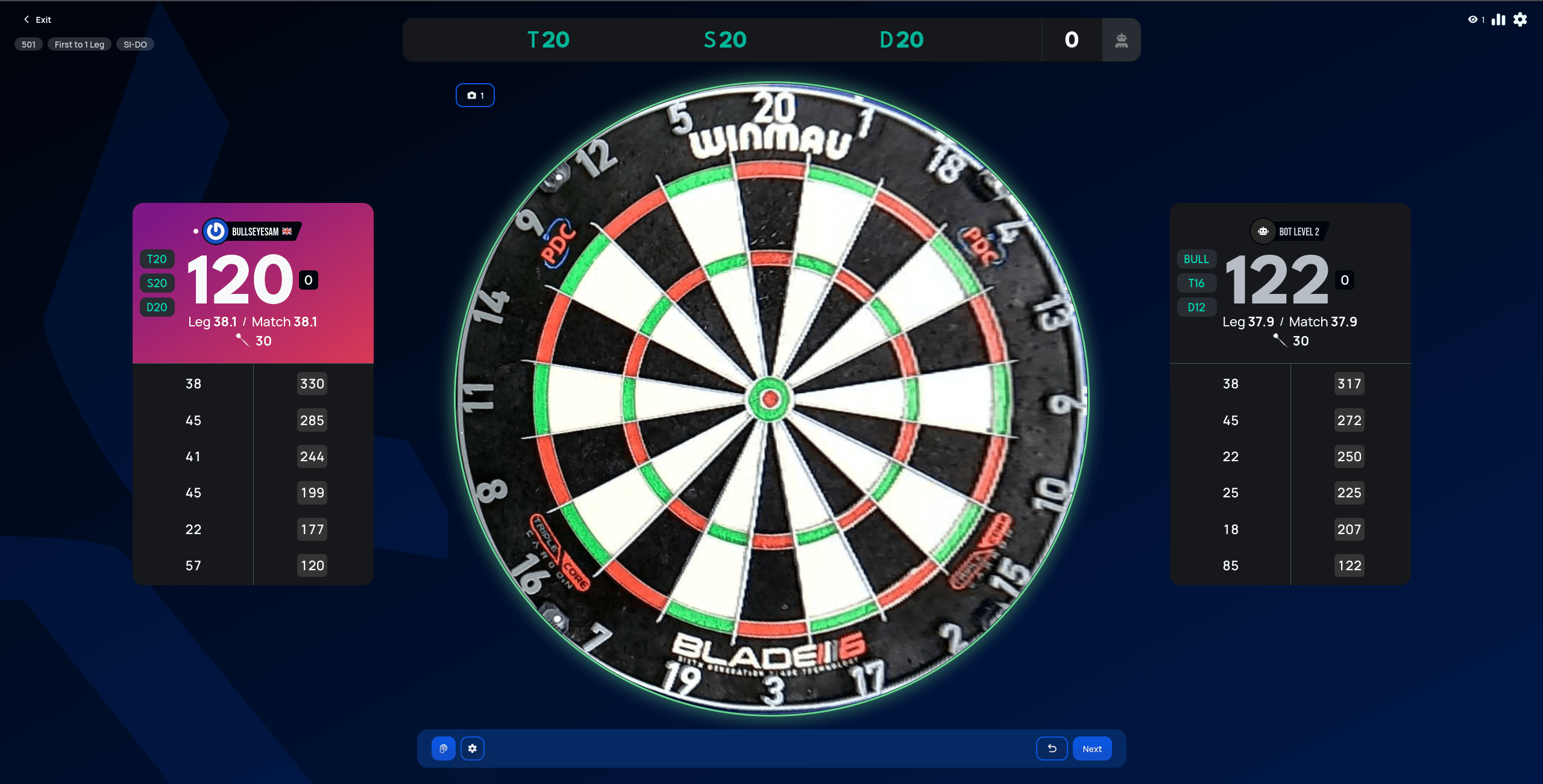Live match view with Show checkout guide enabled, highlighting a suggested T20, S20, D20 finish in the score bar and on the player's card