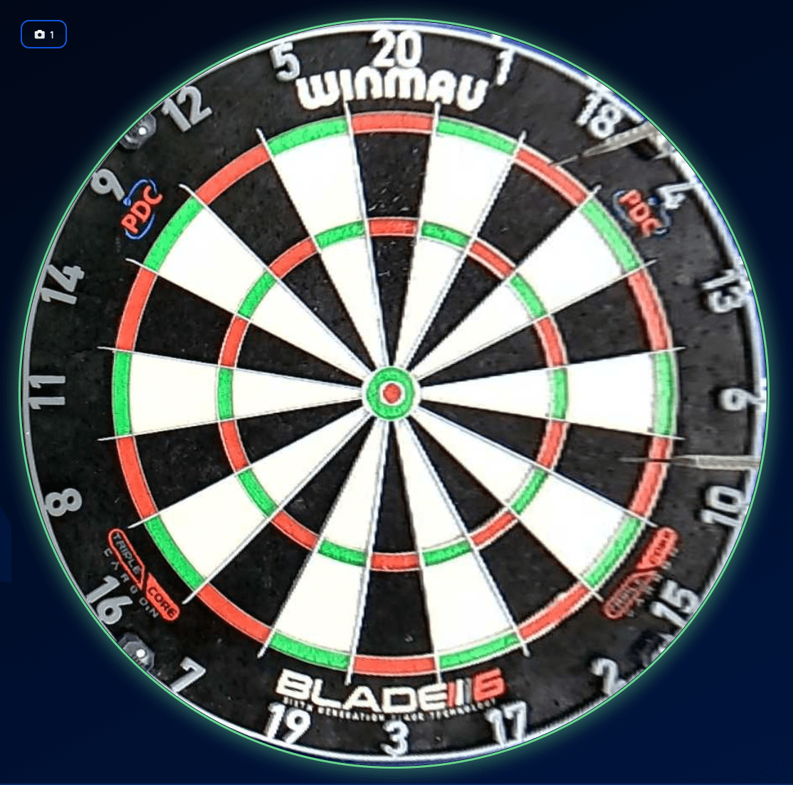 Dartboard camera feed with a green glow ring around it