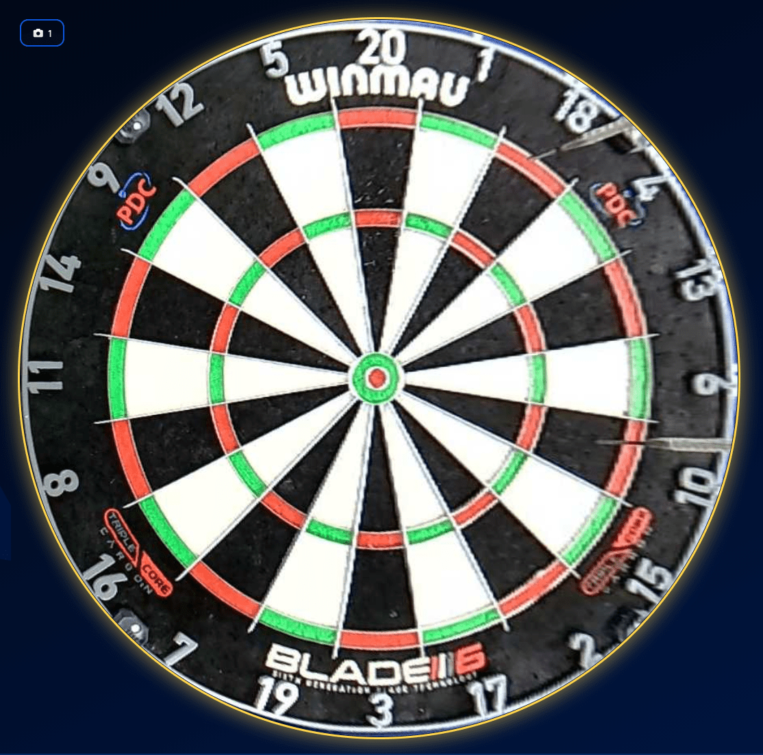 Dartboard camera feed with a yellow glow ring around it, shown in takeout mode