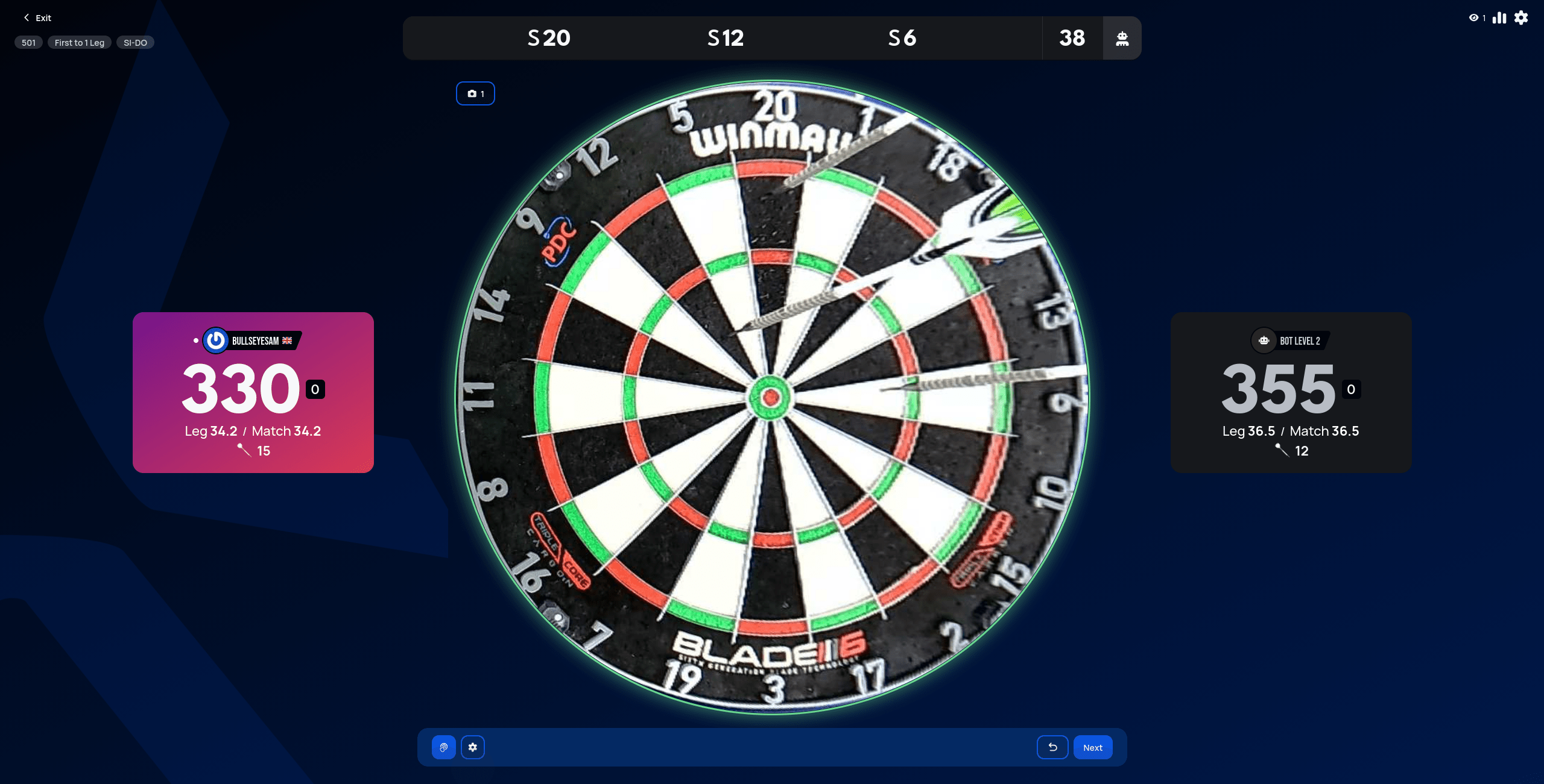 Live match view after several rounds of scoring, showing updated remaining scores and a per-turn score history for both players