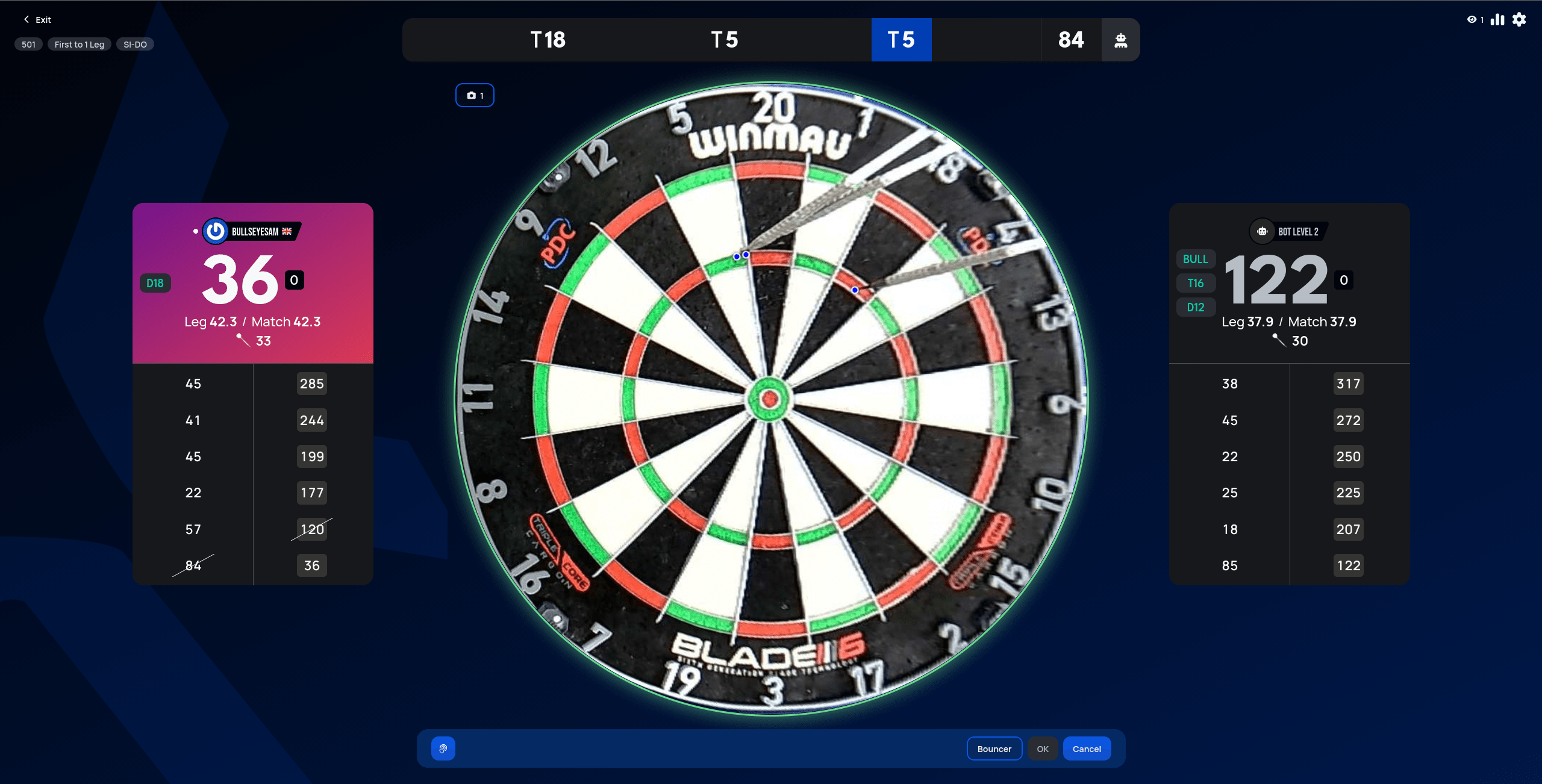 Live match view with a detected dart highlighted for correction (shown as T5), and Bouncer, OK, and Cancel controls